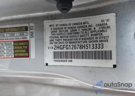 2008 Honda Civic Lx z USA, uszkodzony, nr VIN 2HGFG12678H513333